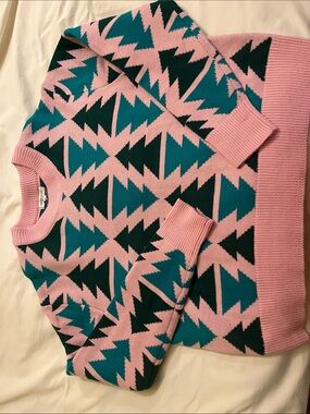 Grayson Threads Pink, Teal & Dark Green Geometric Crewneck Sweater